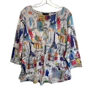 Ali Miles Artsy Travel Theme Tunic Womens Size 1X White Colorful Lagenlook Top